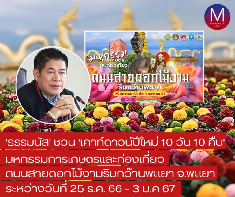 “รมว.เกษตรฯ” เชิญชวน “เคาท์ดาวน์ปีใหม่ 10 วัน 10 คืน” ใน “มหกรรมการเกษตรและท่องเที่ยวถนนสายดอกไม้งามริมกว๊านพะเยา จ.พะเยา” ระหว่างวันที่ 25 ธันวาคม 2566 – 3 มกราคม 2567