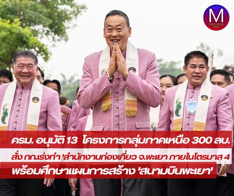 นายกฯ เผยในที่ประชุม ครม. อนุมัติ 13 โครงการวงเงิน 300 ลบ. สั่ง กก.เร่งทำสำนักงานท่องเที่ยวประจำ จ.พะเยาให้ทันไตรมาส 4 พร้อมศึกษาแผนสร้าง “สนามบินพะเยา”