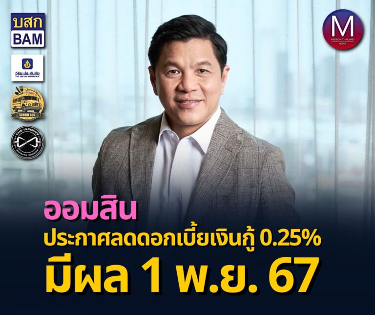 “ออมสิน” ประกาศลดดอกเบี้ยเงินกู้ 0.25% มีผล 1 พ.ย. 67 ตรึงดอกเบี้ยเงินฝาก ตามภารกิจส่งเสริมการออม